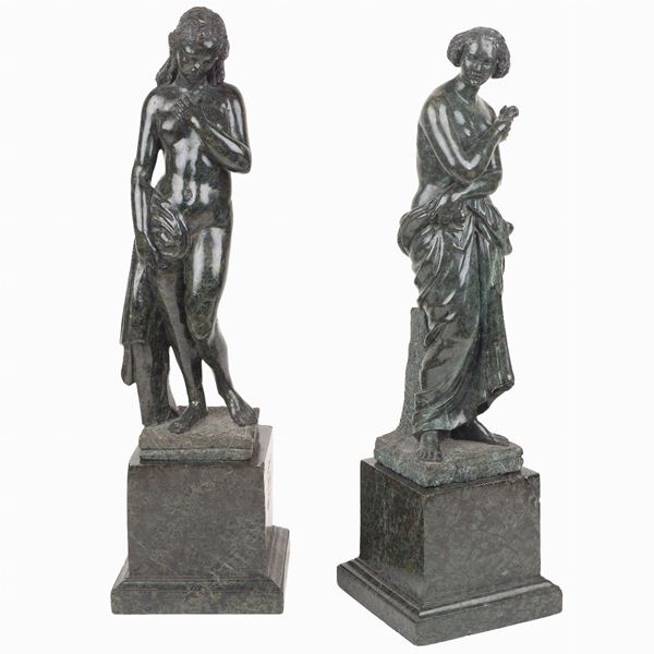 Coppia di sculture in marmo verde di Prato