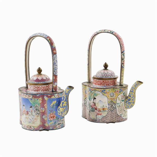 A pair of teapots in cloisonnè enamel