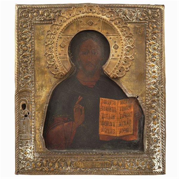 A Russian icon with silvered metal riza