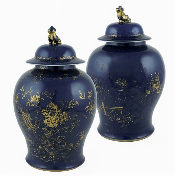 Pair of blue porcelain potiches