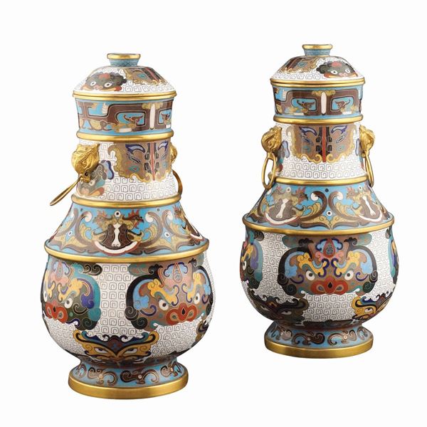 A pair of Chinese guilloche' enamel and gilt bronze vases