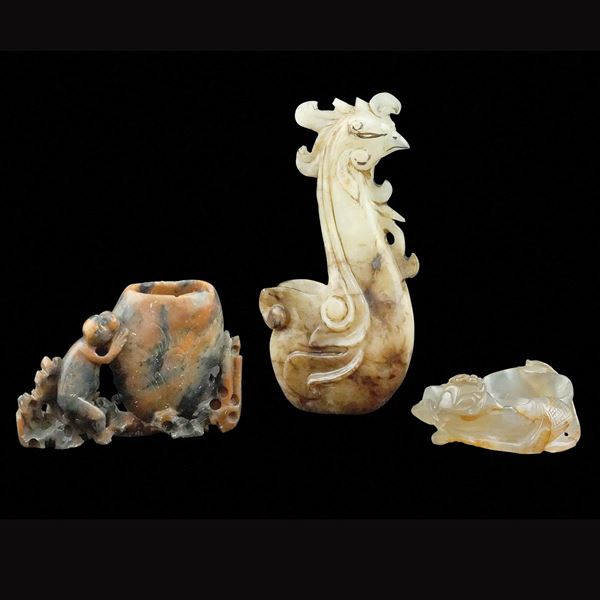Gruppo di tre lavapennelli in agata e pietra dura  (Cina, XIX/XX Sec.)  - Asta ASTA A TEMPO  - Colasanti Casa d'Aste