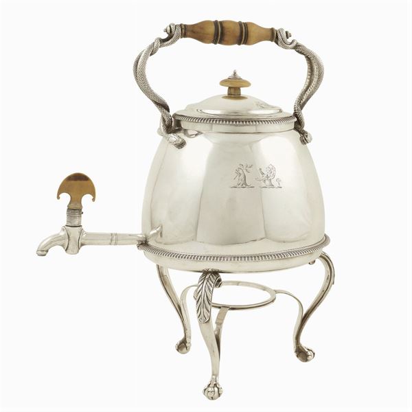 An English silver tea kettle