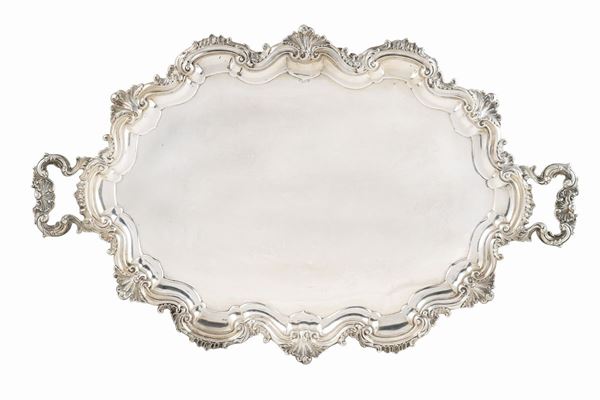 A silver large tray with two handles