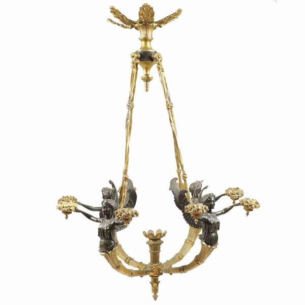 Lampadario stile Impero in bronzo dorato e brunito