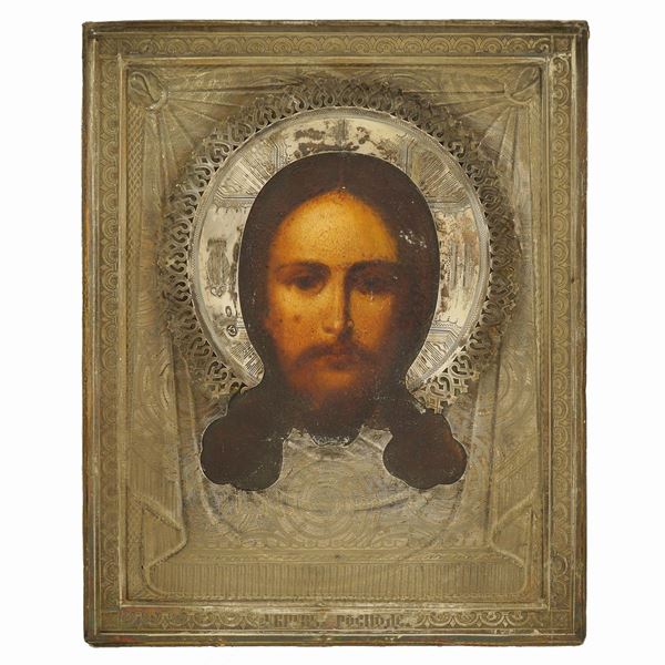 Icona raffigurante Cristo con riza in argento