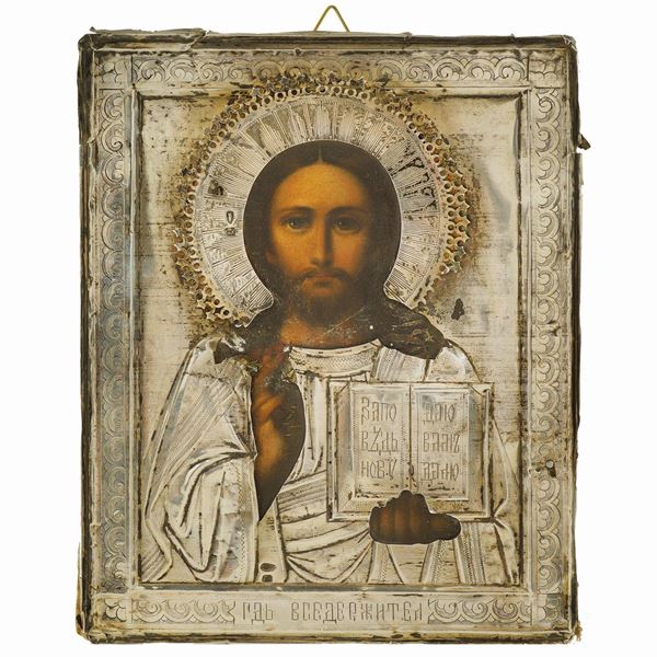 Icona raffigurante Cristo con riza in argento