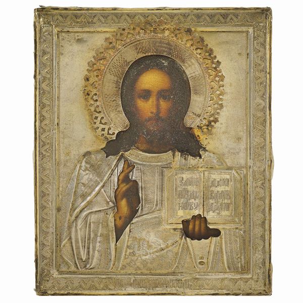 Icona raffigurante Cristo con riza in argento