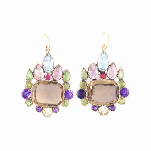 A pair of gold multicolor pendant earrings