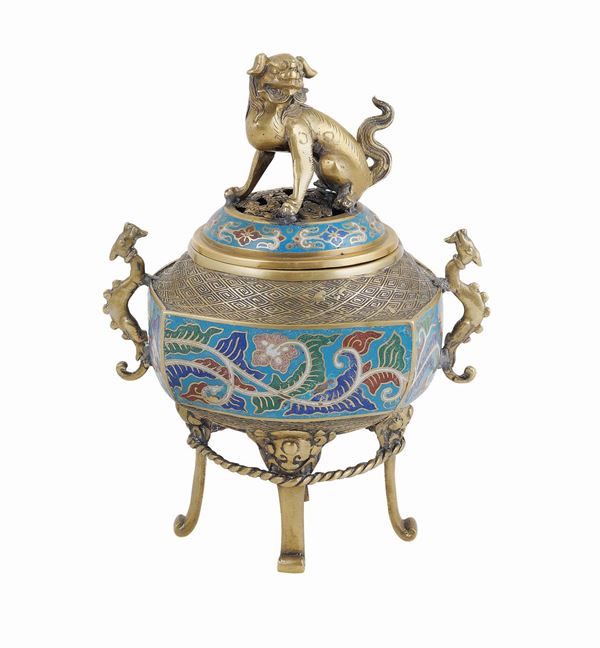 Incensiere in bronzo e smalti cloisonnè