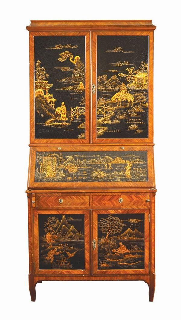 A mahogany and bois de rose trumeau