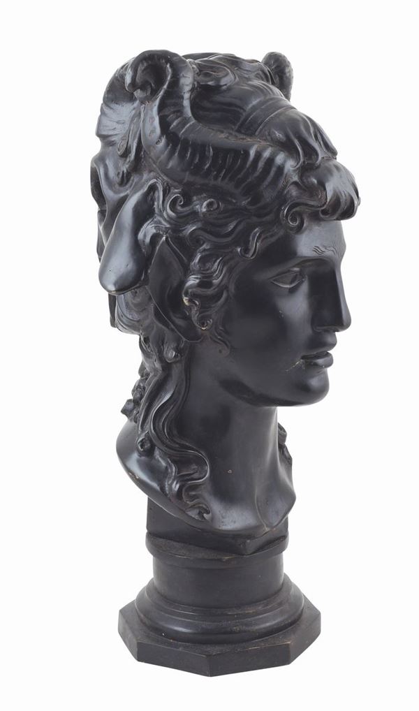 Testa in bronzo brunito di uomo e bucranio