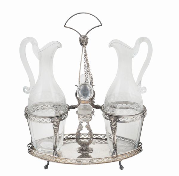 A silver oil jug with two cruets  (Naples, 19th century)  - Auction Auction 34 - Colasanti Casa d'Aste