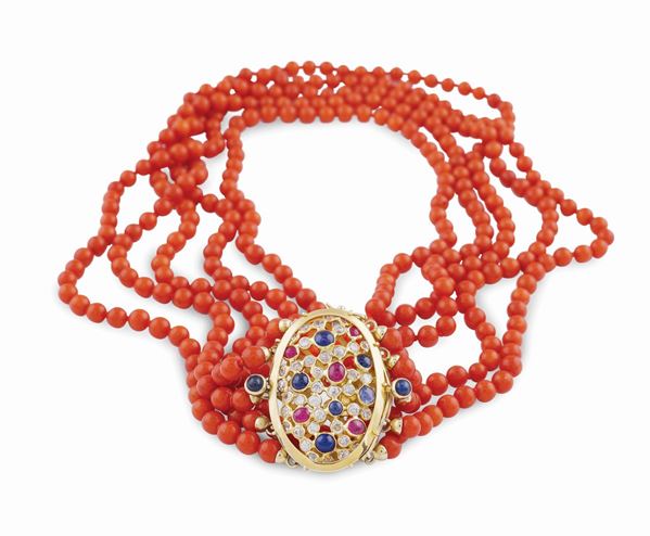 Collier a cinque fili di corallo rosso mediterraneo