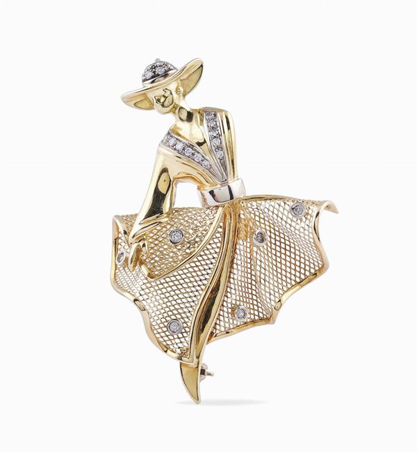Spilla ballerina in oro giallo 18kt e diamanti