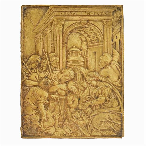 A rectangular plate in gilt metal foil