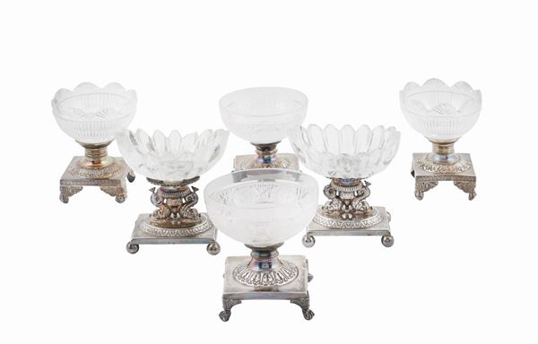 Tre coppie di salierine in argento e vetro molato  (fine XIX, inizio XX Sec.)  - Auction Auction 34 - Colasanti Casa d'Aste