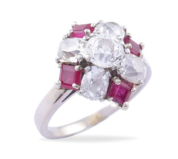 A platinu ring with diamonds and rubies