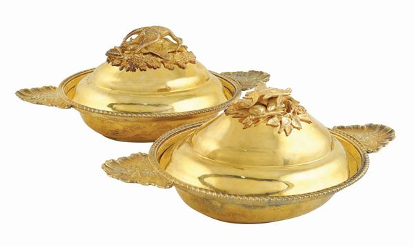 A pair of gilt silver bean pots with two handles