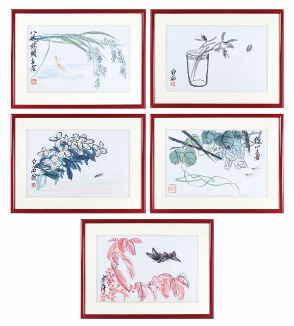 Cinque dipinti su carta  (Giappone, XX secolo)  - Asta ARGENTI DA COLLEZIONE  - Colasanti Casa d'Aste