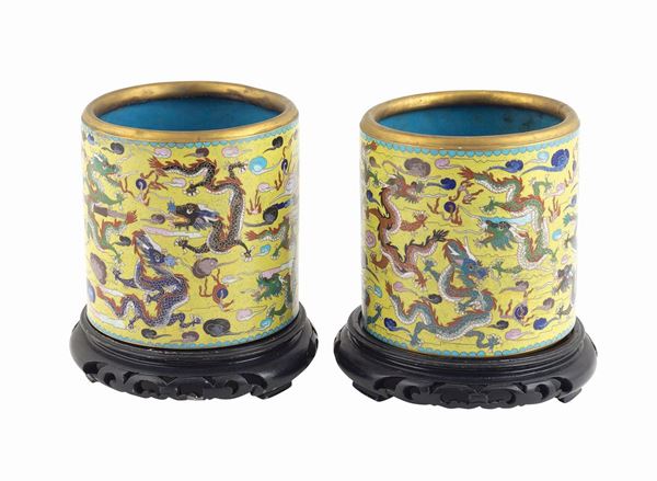 A pair of polychromatic guillochè enamel vases