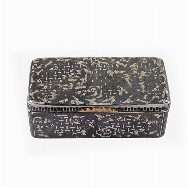 A rectangular silver niello box