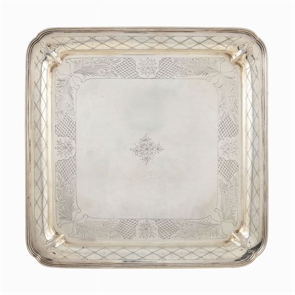 Vassoio quadrato in argento  (Italia, XX Sec.)  - Asta GIOIELLI E OROLOGI  - Colasanti Casa d'Aste