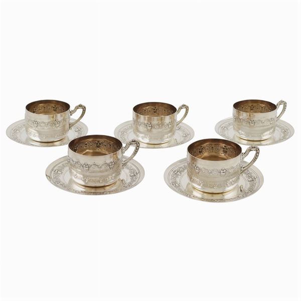 Cinque tazze in metallo argentato con piattino  (vecchia manifattura)  - Asta GIOIELLI E OROLOGI  - Colasanti Casa d'Aste