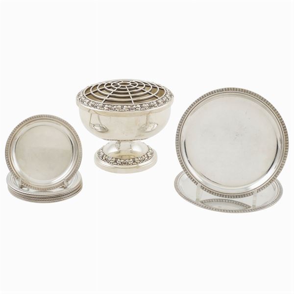 Ten silverplate plates and an incense burner