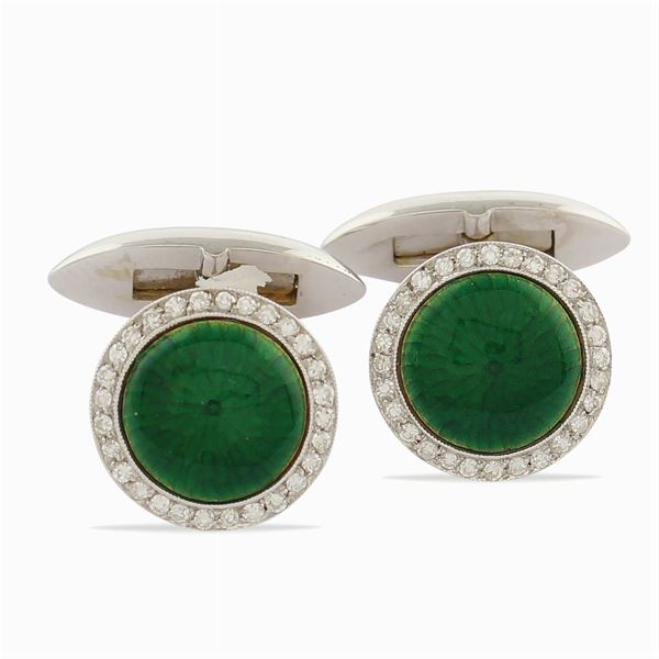 A pair of white gold 18kt and guillochè enamel cufflinks