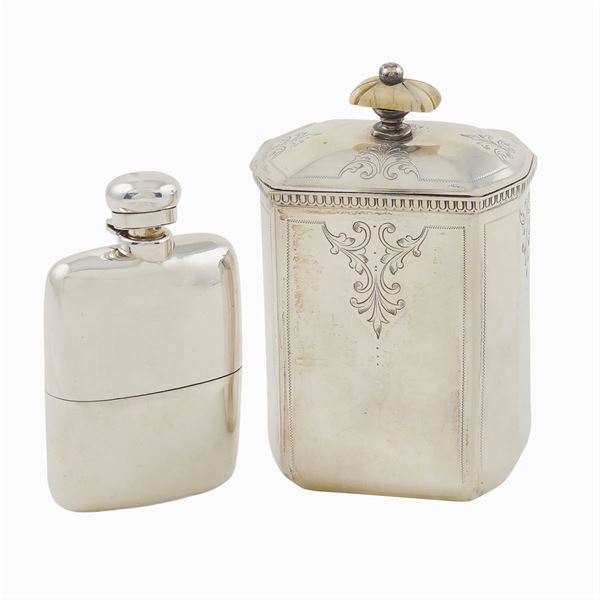 A silver box and a liqueur flask