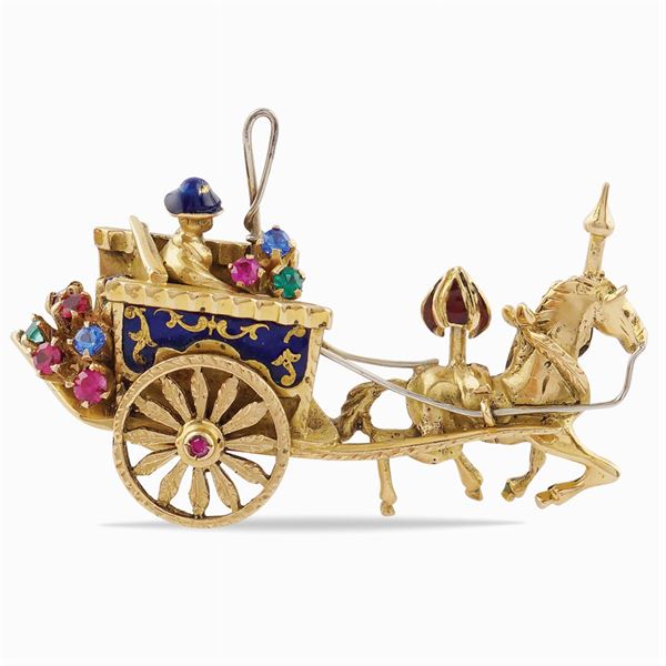 Spilla "carrozza con cinesino" in oro giallo 18kt