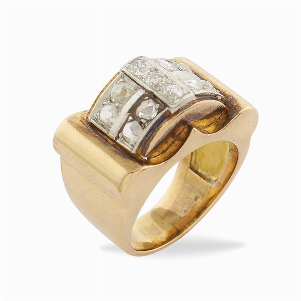 Anello a ponte in oro rosa e platino