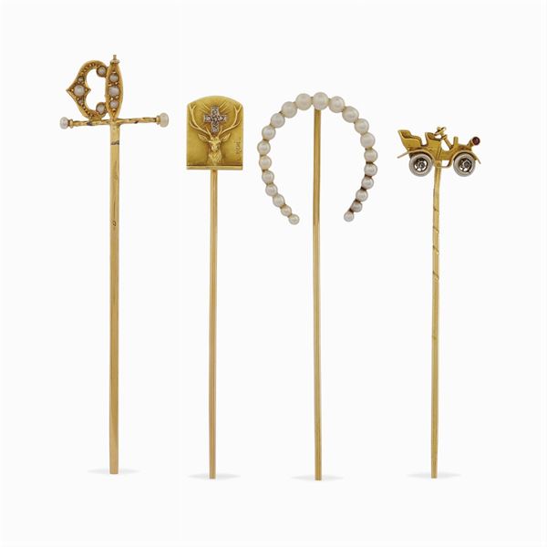 Quattro spilloni di fogge e manifatture diverse  (primi '900)  - Asta GIOIELLI E OROLOGI  - Colasanti Casa d'Aste