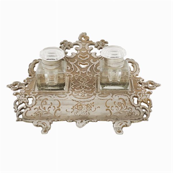 Calamaio stile Liberty in metallo argentato