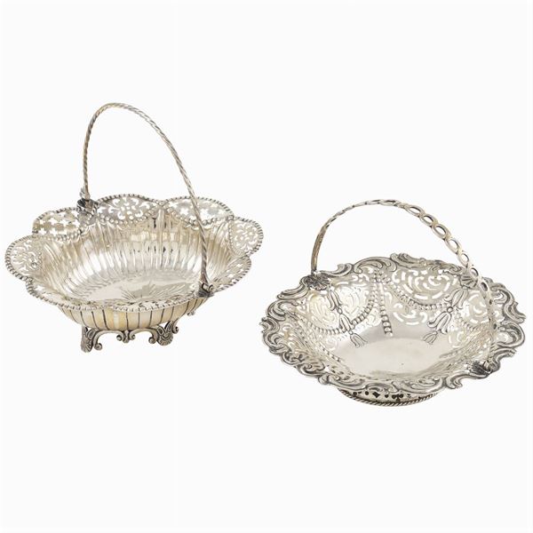 Two different silver baskets with handles