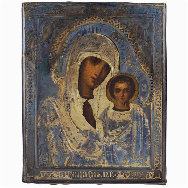 Icona raffigurante la Madonna di Kazan e Gesù Bambino  (Russia, fine XIX Sec.)  - Asta GIOIELLI E OROLOGI  - Colasanti Casa d'Aste