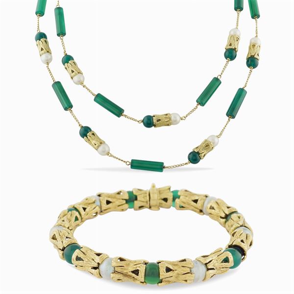 Parure in oro giallo 18kt calcedonio e perle