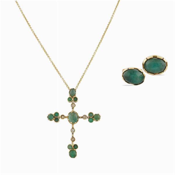A cross pendant and a pair of 18kt gold earrings