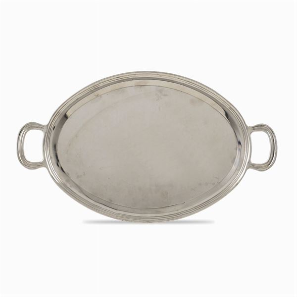 A two-handled silverplated metal tray