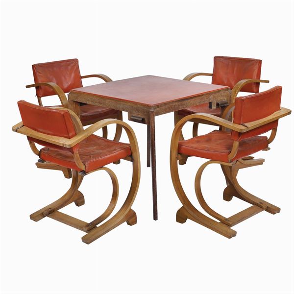 A durmast game table and four chairs  (France, 20th century)  - Auction MODERN AND CONTEMPORARY ART - Colasanti Casa d'Aste