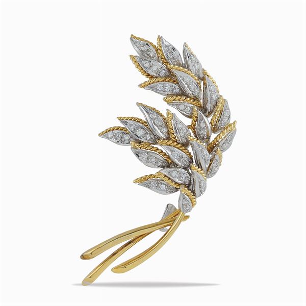 18kt yellow and white gold leaf brooch