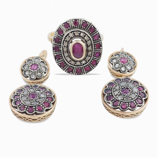 Parure anello e orecchini in oro rosa e argento  (primi '900)  - Asta GIOIELLI |OROLOGI ARGENTI - Colasanti Casa d'Aste