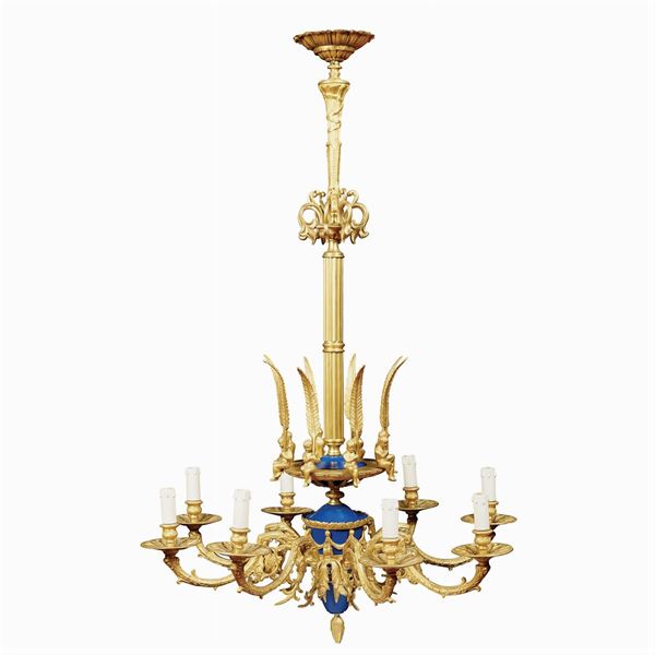 An eight light bronze chanderlier