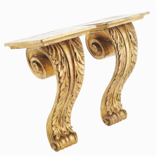 A pair of golden wooden shelves