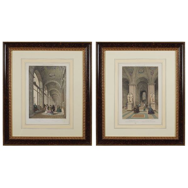 A pair of watercolored prints