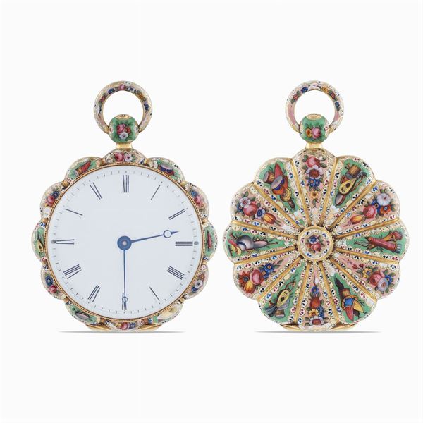 Orologio da tasca in oro giallo 18kt e smalti policromi