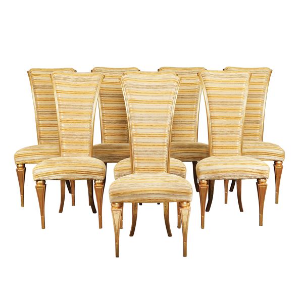 Otto sedie "Trono" in tessuto e legno dorato