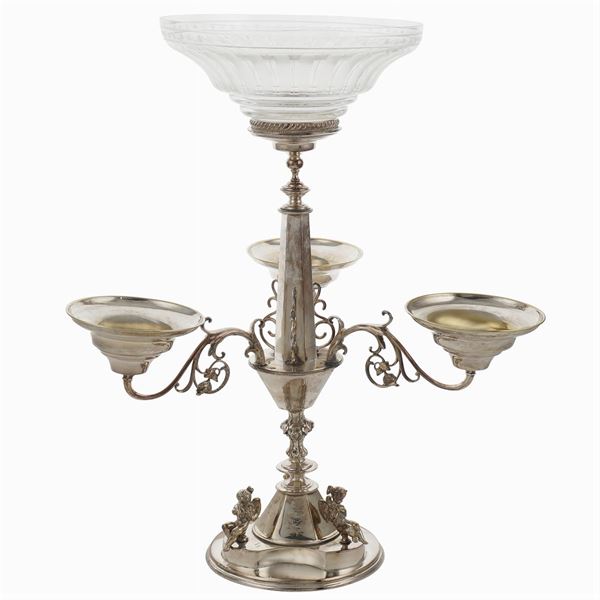 Epergne in metallo argentato e vetro