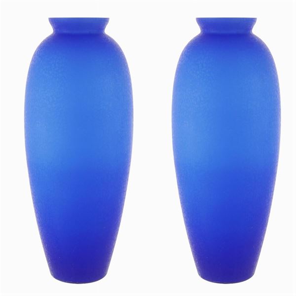 A pair of large blue satin glass vases
